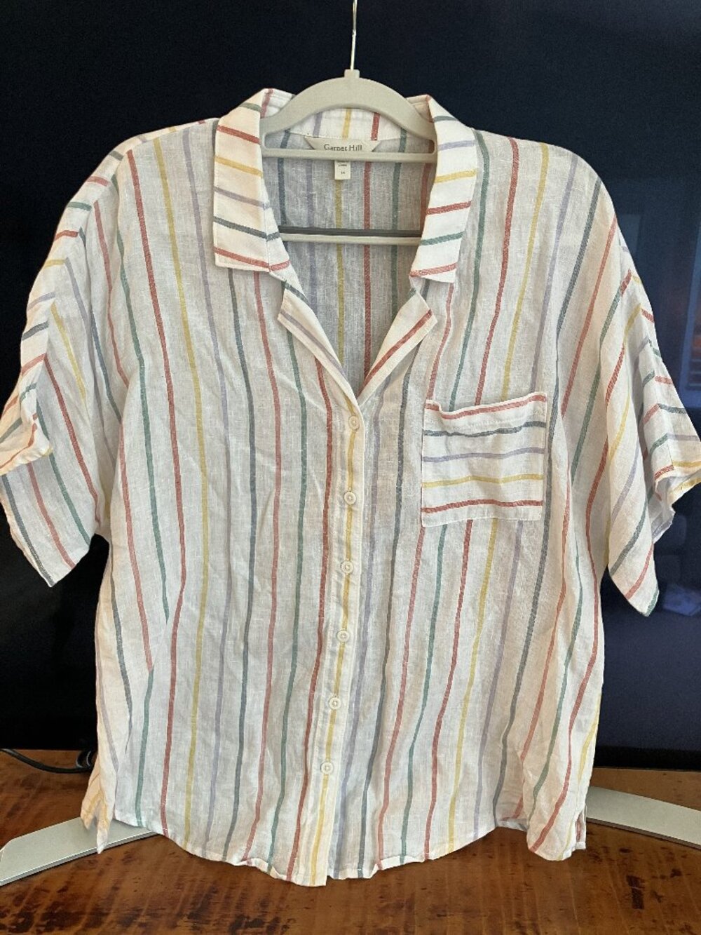 Garnet Hill Short-Sleeve Striped Buttonup 100% Linen Shirt, Sz. 14.